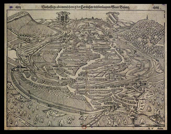 Vue cavalière de la ville en 1550. © Région Bourgogne-Franche-Comté, Inventaire du Patrimoine