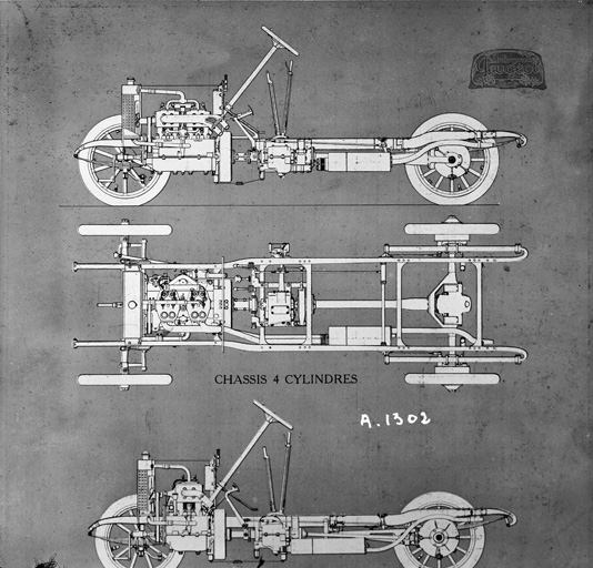 Plan d'un châssis équipé d'un moteur 4 cylindres. © Région Bourgogne-Franche-Comté, Inventaire du patrimoine