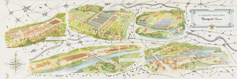 Panorama des usines du groupe Peugeot Frères. © Région Bourgogne-Franche-Comté, Inventaire du patrimoine