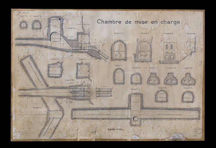Société des Forces motrices du Refrain. Plan d'exécution. Chambre de mise en charge [plan et coupes], 1908 © Région Bourgogne-Franche-Comté, Inventaire du patrimoine