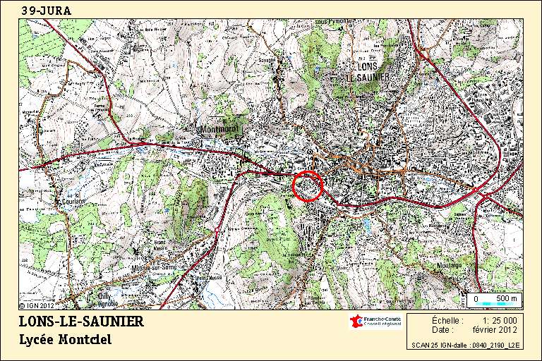 Carte de localisation du lycée Montciel. Carte topographique, IGN, 2012, dalle 0840-2190 - L2E, 1/25 000. © Région Franche-Comté, Inventaire du Patrimoine, ADAGP