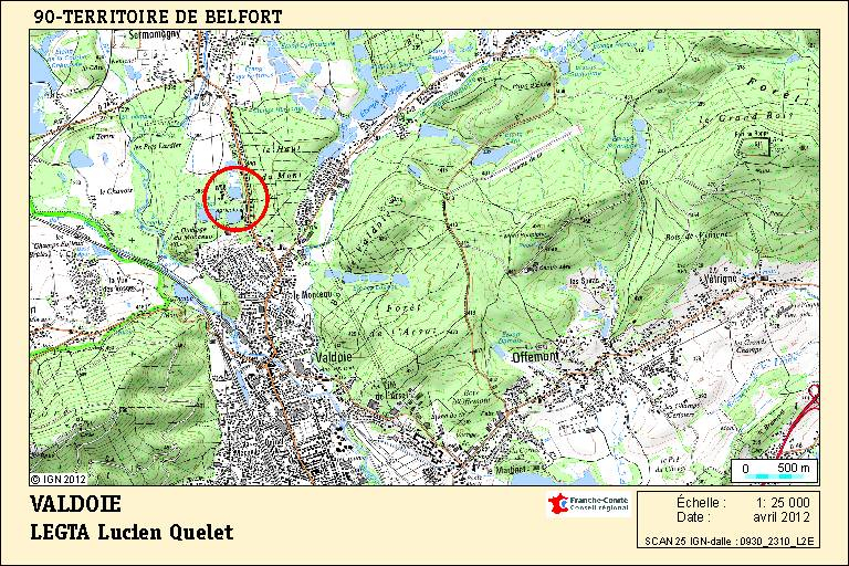 Carte de localisation. Carte topographique, IGN, 2012, dalle 0930-2310-L2E, échelle 1:25 000. © Région Bourgogne-Franche-Comté, Inventaire du patrimoine