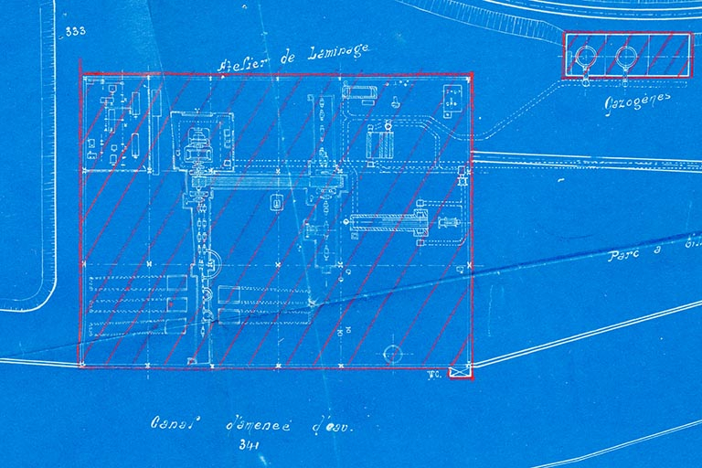 Plan de l'usine. Détail de l'atelier de laminage, tirage, 1924. © Région Bourgogne-Franche-Comté, Inventaire du patrimoine