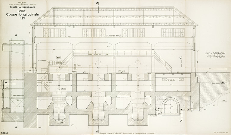Chute de Dampjoux. Usine. Coupe longitudinale, tirage, 1/50, Paris, le 30/11/1930. © Région Bourgogne-Franche-Comté, Inventaire du patrimoine