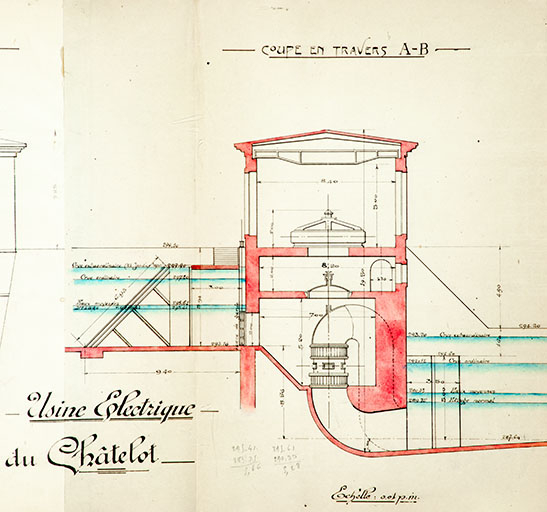 Usine électrique du Châtelot, coupe en travers, tirage échelle 1/100, le 30/04/1917. © Région Bourgogne-Franche-Comté, Inventaire du patrimoine Usine électrique du Châtelot, coupe en travers, tirage échelle 1/100, le 30/04/1917. © Région Bourgogne-Franche-Comté, Inventaire du patrimoine
