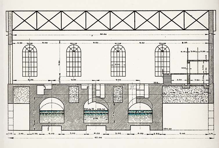 Forces motrices du Doubs. Usine Hydro-Électrique de Liebvillers. [Centrale]. Coupe en long, 25 avril 1921 © Région Bourgogne-Franche-Comté, Inventaire du patrimoine