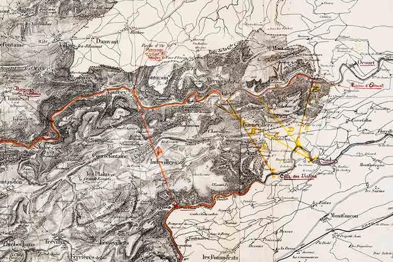 [Projets d'aménagement du Doubs examinés par la Commission internationale du Haut-Doubs. Détail des variantes au niveau du Clos du Doubs], [1928] © Région Bourgogne-Franche-Comté, Inventaire du patrimoine