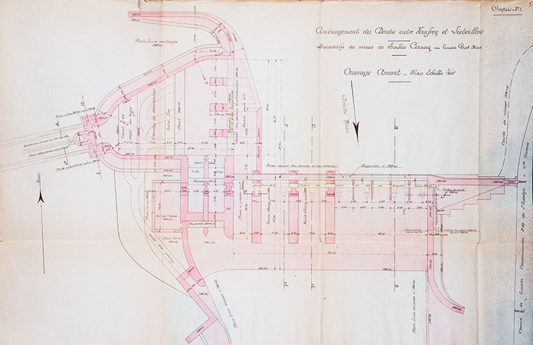 Aménagement du Doubs entre Vaufrey et Liebvillers. Dispositifs de mines de Soulce Cernay au lieu dit Gros Bois. Croquis n° 1. Ouvrage amont. Plan, 1924 © Région Bourgogne-Franche-Comté, Inventaire du patrimoine Aménagement du Doubs entre Vaufrey et Liebvillers. Dispositifs de mines de Soulce Cernay au lieu dit Gros Bois. Croquis n° 1. Ouvrage amont. Plan, 1924 © Région Bourgogne-Franche-Comté, Inventaire du patrimoine