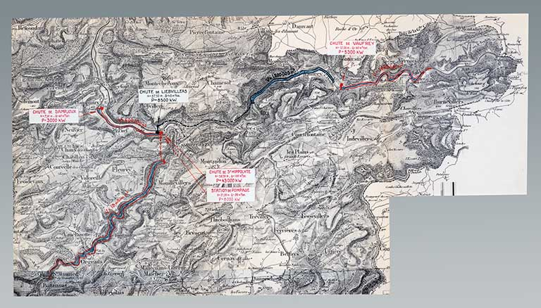 Rivières du Doubs et du Dessoubre. Installations hydroélectriques de : Vaufrey sur le Doubs (en projet), Liebvillers sur le Doubs (existante), Dampjoux sur le Doubs (en projet), St-Hippolyte sur le Dessoubre (en projet) et station de pompage Doubs-D… © Région Bourgogne-Franche-Comté, Inventaire du patrimoine Rivières du Doubs et du Dessoubre. Installations hydroélectriques de : Vaufrey sur le Doubs (en projet), Liebvillers sur le Doubs (existante), Dampjoux sur le Doubs (en projet), St-Hippolyte sur le Dessoubre (en projet) et station de pompage Doubs-D… © Région Bourgogne-Franche-Comté, Inventaire du patrimoine