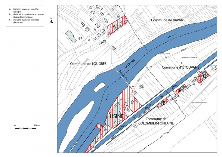 Plan de situation. Montage d'extraits de plans cadastraux numérisés, communes de Colombier-Fontaine et Etouvans (sections A) et Lougres (AE), échelle 1:2500. © Région Bourgogne-Franche-Comté, Inventaire du patrimoine