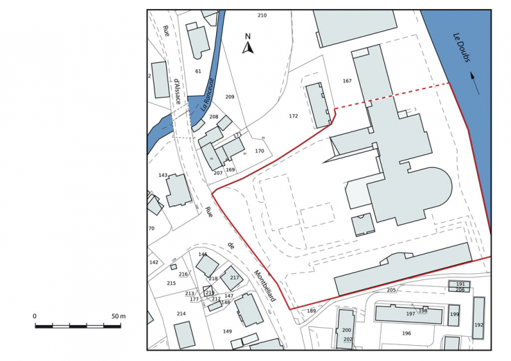 Plan-masse et de situation. Extrait du plan cadastral numérisé, section AL, échelle 1:1000. © Région Bourgogne-Franche-Comté, Inventaire du patrimoine