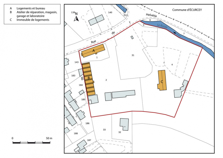 Plan-masse et de situation. Extrait du plan cadastral numérisé, section AN, échelle 1:1000. © Région Bourgogne-Franche-Comté, Inventaire du patrimoine