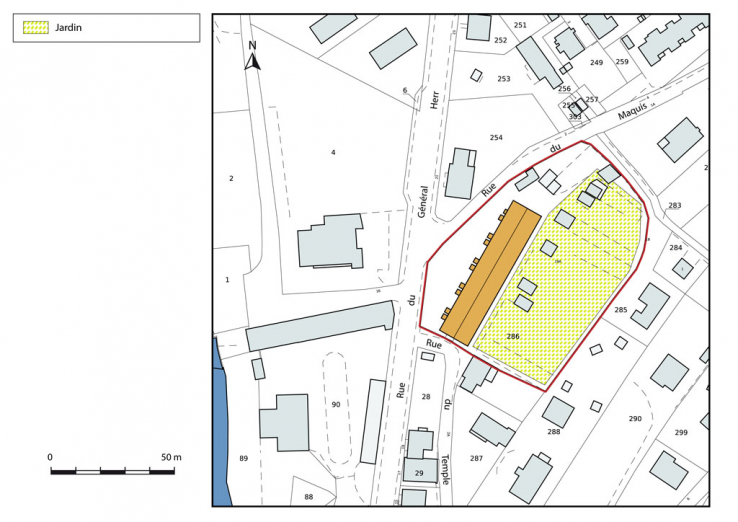 Plan-masse et de situation. Extrait du plan cadastral numérisé, section AM, échelle 1:1000. © Région Bourgogne-Franche-Comté, Inventaire du patrimoine