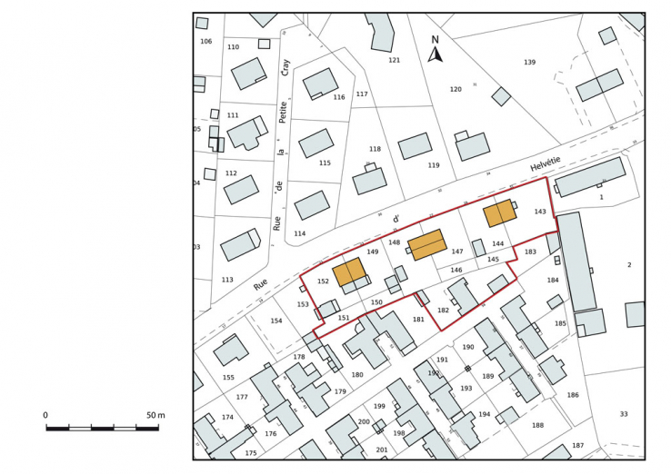 Plan-masse et de situation. Extrait du plan cadastral numérisé, section AM, échelle 1:1000. © Région Bourgogne-Franche-Comté, Inventaire du patrimoine
