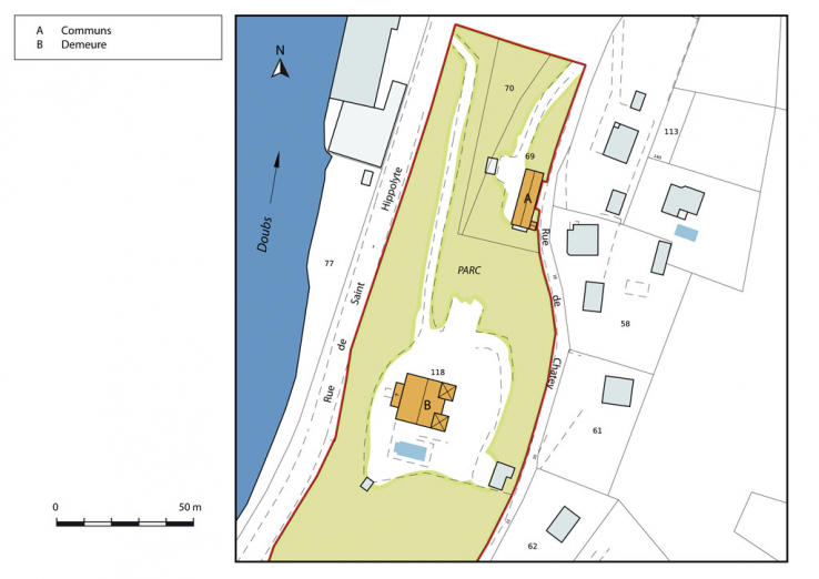 Plan-masse et de situation. Extrait du plan cadastral numérisé, section AO, échelle 1:1000. © Région Bourgogne-Franche-Comté, Inventaire du patrimoine