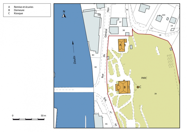 Plan-masse et de situation. Extrait du plan cadastral numérisé, section AO, échelle 1:1000. © Région Bourgogne-Franche-Comté, Inventaire du patrimoine