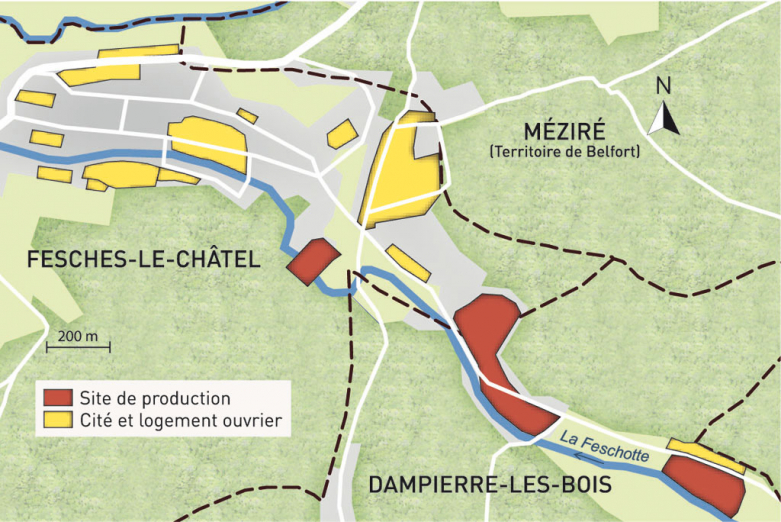 Carte du patrimoine industriel Japy (communes de Fesches-le-Châtel et Dampierre-les-Bois). Fonds cartographique IGN, 2014. © Région Bourgogne-Franche-Comté, Inventaire du patrimoine Carte du patrimoine industriel Japy (communes de Fesches-le-Châtel et Dampierre-les-Bois). Fonds cartographique IGN, 2014. © Région Bourgogne-Franche-Comté, Inventaire du patrimoine