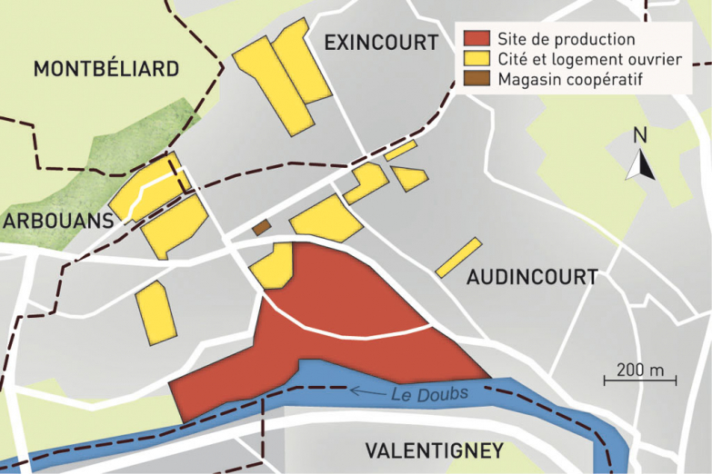 Carte du patrimoine industriel Japy (communes d'Audicnourt, Exincourt et Arbouans). Fonds cartographique IGN, 2014. © Région Bourgogne-Franche-Comté, Inventaire du patrimoine