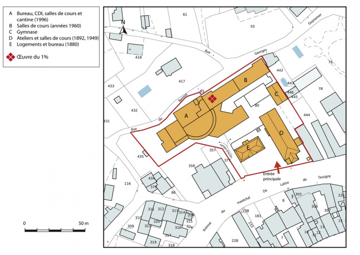 Plan-masse et de situation. Extrait du plan cadastral numérisé, section AL, échelle 1:1000. © Région Bourgogne-Franche-Comté, Inventaire du patrimoine