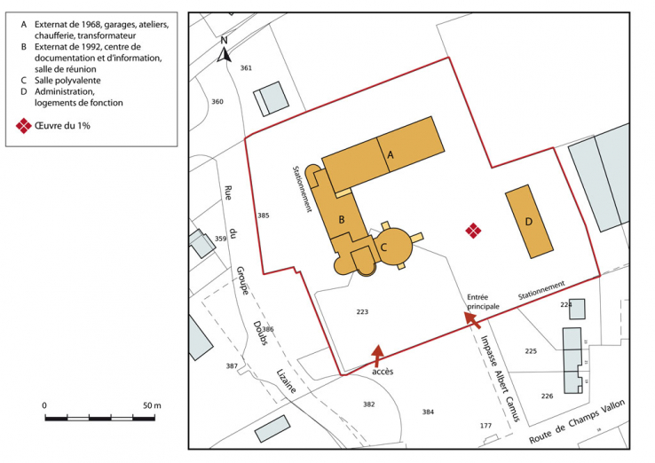 Plan-masse et de situation. Extrait du plan cadastral numérisé, section IA, échelle 1:1000. © Région Bourgogne-Franche-Comté, Inventaire du patrimoine