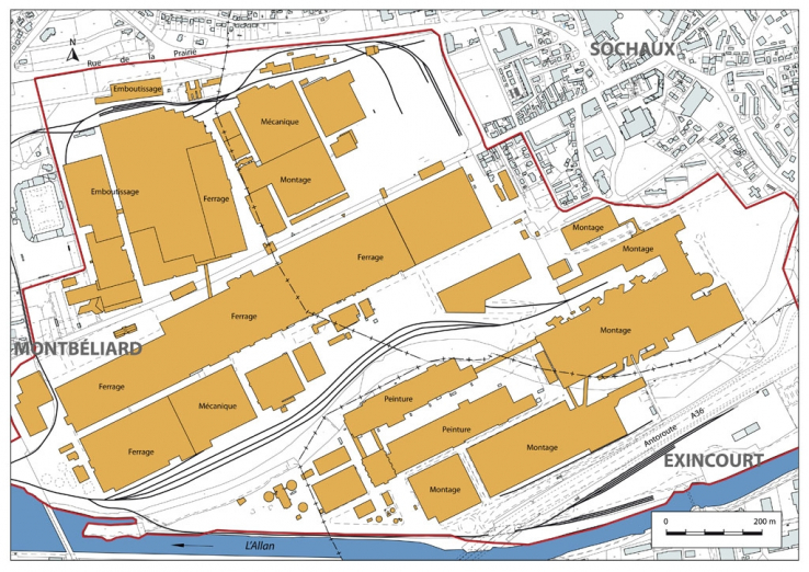 Plan de situation. D'après le plan cadastral numérisé des communes de Sochaux, Montbéliard et Etupes. © Région Bourgogne-Franche-Comté, Inventaire du patrimoine Plan de situation. D'après le plan cadastral numérisé des communes de Sochaux, Montbéliard et Etupes. © Région Bourgogne-Franche-Comté, Inventaire du patrimoine