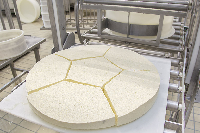 Fabrication du morbier : pain de caillé découpé en épaisseur. © Région Bourgogne-Franche-Comté, Inventaire du patrimoine