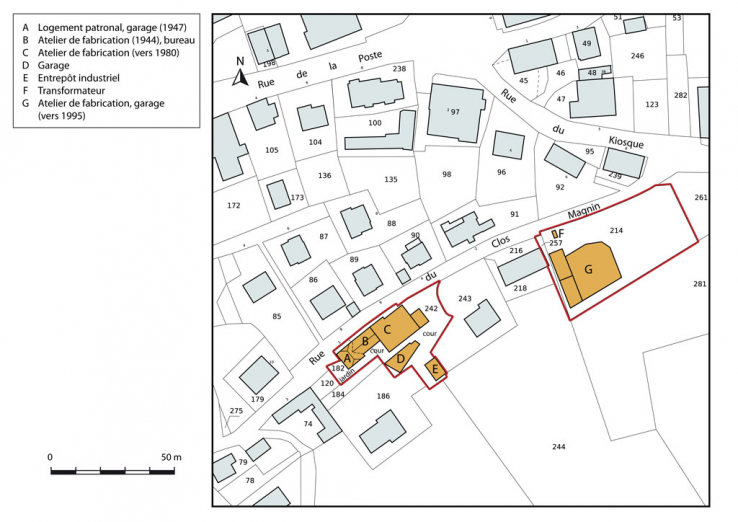 Plan-masse et de situation, avac datation. Extrait du plan cadastral, 2012, section AD. © Région Bourgogne-Franche-Comté, Inventaire du patrimoine