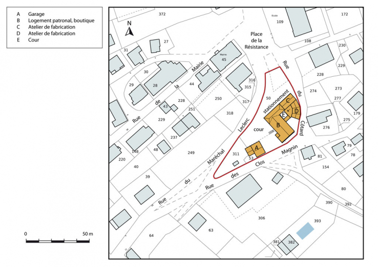 Plan-masse et de situation. Extrait du plan cadastral, 2012, section AE. © Région Bourgogne-Franche-Comté, Inventaire du patrimoine