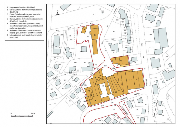Site ancien (rue du Maréchal Leclerc) : plan-masse et de situation. Extrait du plan cadastral, 2013, section AD. © Région Bourgogne-Franche-Comté, Inventaire du patrimoine