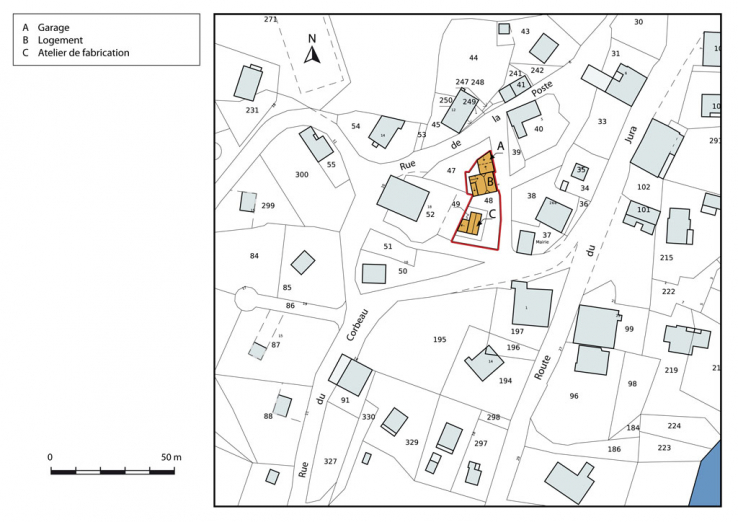 Plan-masse et de situation. Extrait du plan cadastral, 2013, section AC. © Région Bourgogne-Franche-Comté, Inventaire du patrimoine Plan-masse et de situation. Extrait du plan cadastral, 2013, section AC. © Région Bourgogne-Franche-Comté, Inventaire du patrimoine