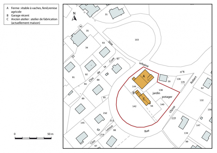 Plan-masse et de situation. Extrait du plan cadastral, 2013, section AB. © Région Bourgogne-Franche-Comté, Inventaire du patrimoine