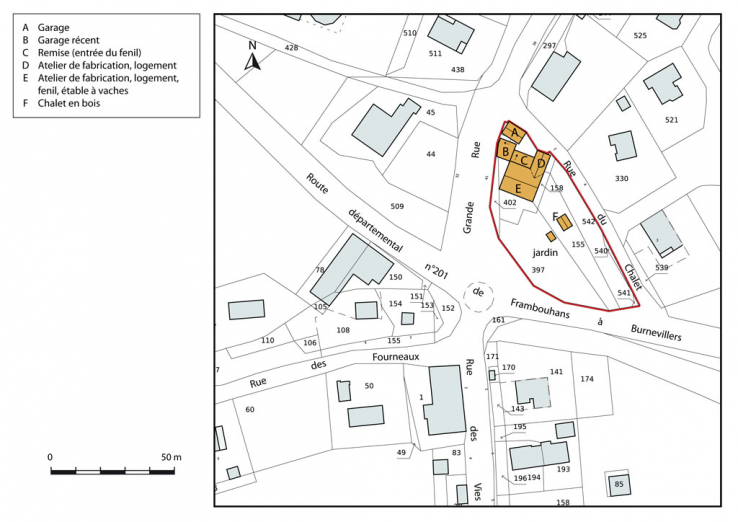 Plan-masse et de situation. Extrait du plan cadastral, 2014, section AC. © Région Bourgogne-Franche-Comté, Inventaire du patrimoine