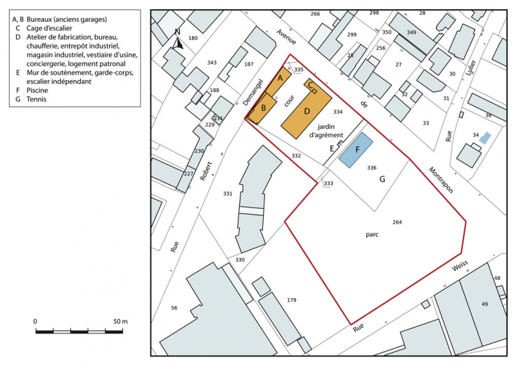 Plan-masse et de situation. Extrait du plan cadastral, 2014, section HX. © Région Bourgogne-Franche-Comté, Inventaire du patrimoine Plan-masse et de situation. Extrait du plan cadastral, 2014, section HX. © Région Bourgogne-Franche-Comté, Inventaire du patrimoine