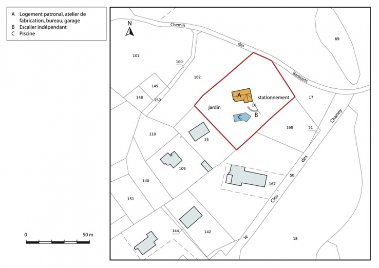 Plan-masse et de situation. Extrait du plan cadastral, 2014, section AR. © Région Bourgogne-Franche-Comté, Inventaire du patrimoine Plan-masse et de situation. Extrait du plan cadastral, 2014, section AR. © Région Bourgogne-Franche-Comté, Inventaire du patrimoine