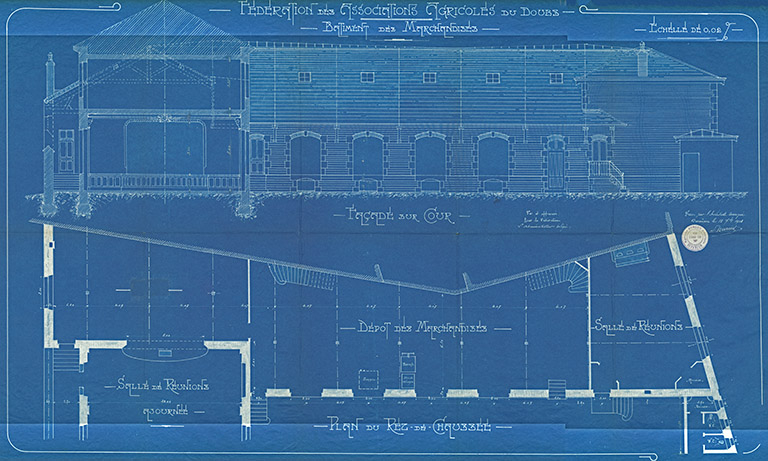 Fédération des Associations agricoles du Doubs. Bâtiment des marchandises. Plan du rez-de-chaussée [et] Façade sur cour, 18 septembre 1913. © Bibliothèque municipale, Besançon