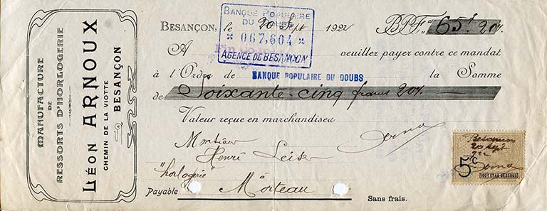 Mandat de la Manufacture de ressorts d'horlogerie Léon Arnoux, à Besançon, 20 septembre 1922. © Région Bourgogne-Franche-Comté, Inventaire du patrimoine Mandat de la Manufacture de ressorts d'horlogerie Léon Arnoux, à Besançon, 20 septembre 1922. © Région Bourgogne-Franche-Comté, Inventaire du patrimoine