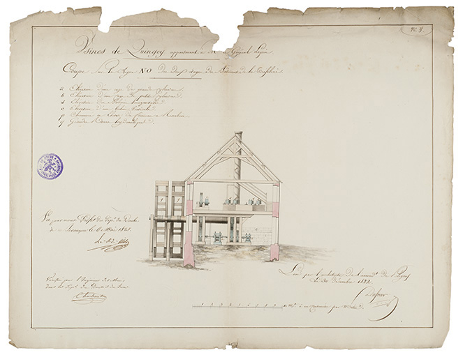 Usines de Quingey [...]. Coupe sur la ligne NO des deux étages du bâtiment de la tréfilerie [...], 1822. © Région Bourgogne-Franche-Comté, Inventaire du patrimoine