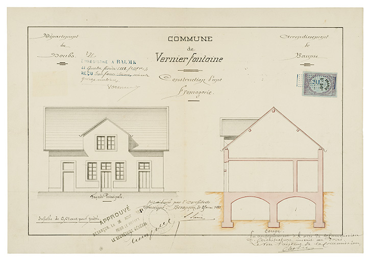 Commune de Vernierfontaine. Construction d'une fromagerie [élévation et coupe transversale], 1881. © Région Bourgogne-Franche-Comté, Inventaire du patrimoine