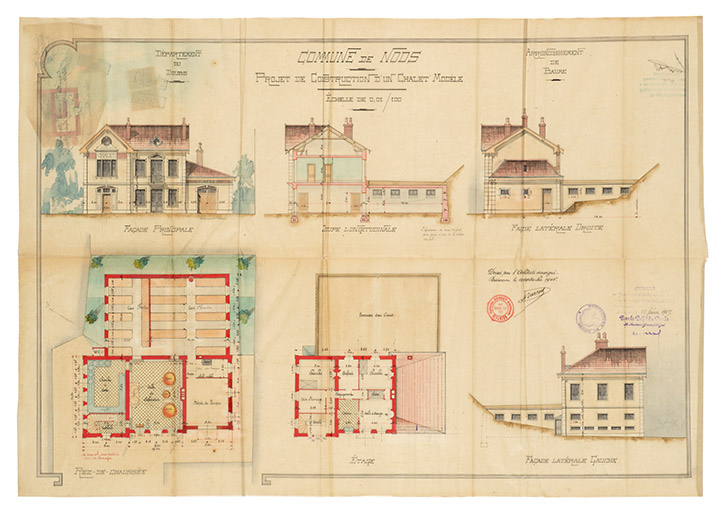 Commune de Nods. Projet de construction d'un chalet-modèle. Plans, coupe et élévations, 1906. © Région Bourgogne-Franche-Comté, Inventaire du patrimoine