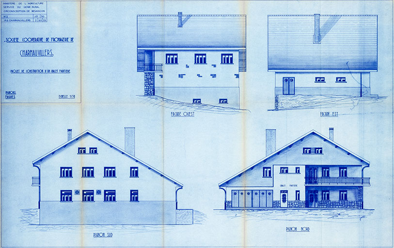 Société coopérative de fromagerie de Charmauvillers. Projet de construction d’un chalet fruitière. Pignons, façades, 21 mars 1963. © Région Bourgogne-Franche-Comté, Inventaire du patrimoine