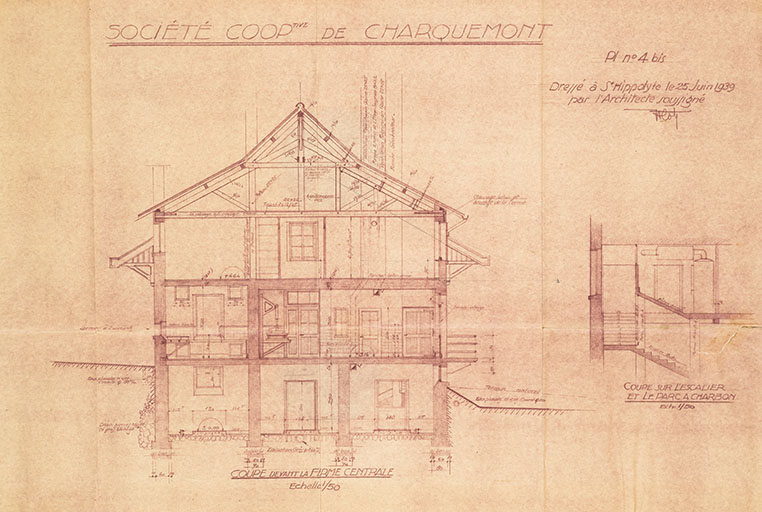 Société cooper[a]tive de Charquemont (Doubs). Pl. n° 4 bis. Coupe devant la ferme centrale, 25 juin 1939. © Région Bourgogne-Franche-Comté, Inventaire du patrimoine