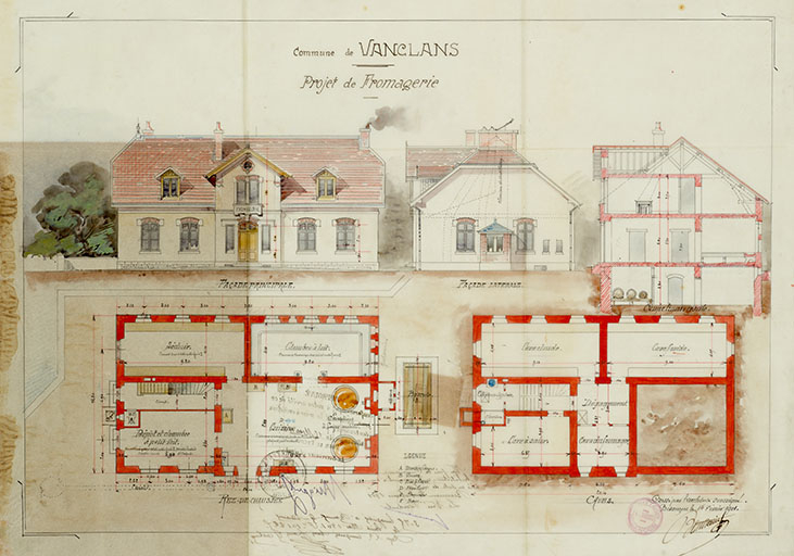 Commune de Vanclans. Projet de fromagerie [façades, coupe et plans], 1901. © Région Bourgogne-Franche-Comté, Inventaire du patrimoine