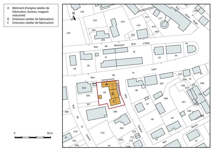 Plan-masse et de situation. Extrait du plan cadastral, 2015, section AI. © Région Bourgogne-Franche-Comté, Inventaire du patrimoine Plan-masse et de situation. Extrait du plan cadastral, 2015, section AI. © Région Bourgogne-Franche-Comté, Inventaire du patrimoine