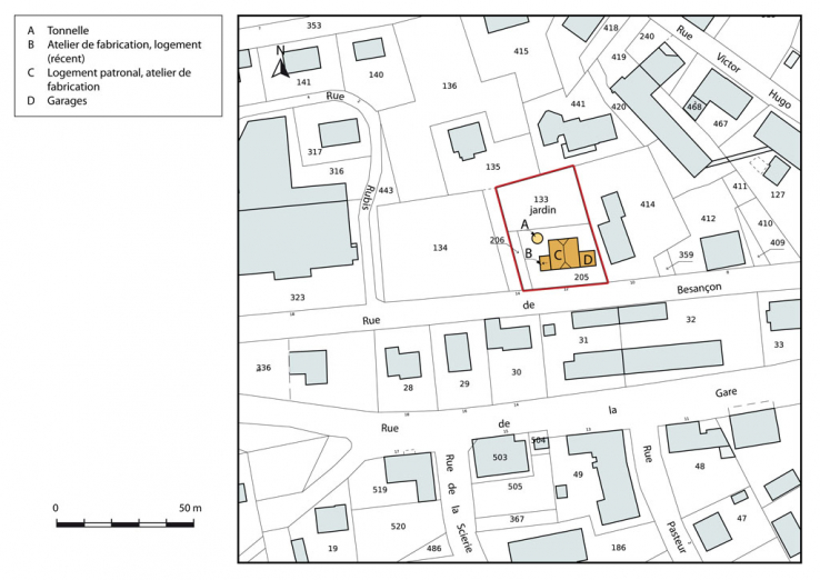 Plan-masse et de situation. Extrait du plan cadastral, 2015, section AB. © Région Bourgogne-Franche-Comté, Inventaire du patrimoine Plan-masse et de situation. Extrait du plan cadastral, 2015, section AB. © Région Bourgogne-Franche-Comté, Inventaire du patrimoine