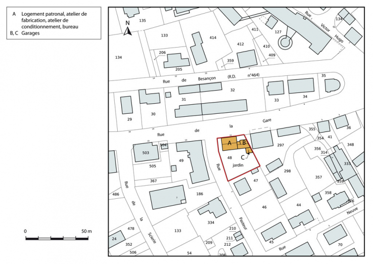 Plan-masse et de situation. Extrait du plan cadastral, 2015, section AI. © Région Bourgogne-Franche-Comté, Inventaire du patrimoine Plan-masse et de situation. Extrait du plan cadastral, 2015, section AI. © Région Bourgogne-Franche-Comté, Inventaire du patrimoine