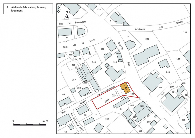Plan-masse et de situation. Extrait du plan cadastral, 2015, section AI. © Région Bourgogne-Franche-Comté, Inventaire du patrimoine Plan-masse et de situation. Extrait du plan cadastral, 2015, section AI. © Région Bourgogne-Franche-Comté, Inventaire du patrimoine
