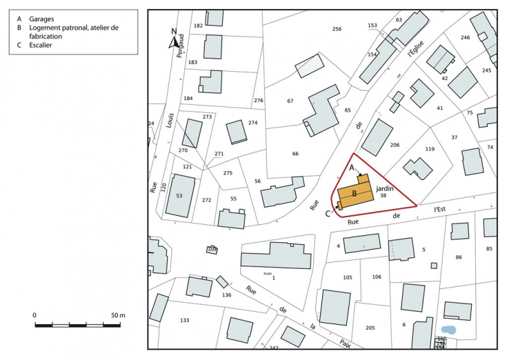 Plan-masse et de situation. Extrait du plan cadastral, 2015, section AD. © Région Bourgogne-Franche-Comté, Inventaire du patrimoine Plan-masse et de situation. Extrait du plan cadastral, 2015, section AD. © Région Bourgogne-Franche-Comté, Inventaire du patrimoine