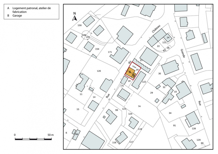 Plan-masse et de situation. Extrait du plan cadastral, 2015, section AH. © Région Bourgogne-Franche-Comté, Inventaire du patrimoine Plan-masse et de situation. Extrait du plan cadastral, 2015, section AH. © Région Bourgogne-Franche-Comté, Inventaire du patrimoine