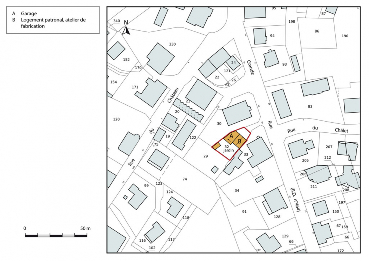 Plan-masse et de situation. Extrait du plan cadastral, 2015, section AH. © Région Bourgogne-Franche-Comté, Inventaire du patrimoine Plan-masse et de situation. Extrait du plan cadastral, 2015, section AH. © Région Bourgogne-Franche-Comté, Inventaire du patrimoine