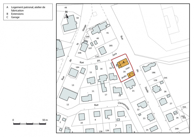 Plan-masse et de situation. Extrait du plan cadastral, 2015, section AE. © Région Bourgogne-Franche-Comté, Inventaire du patrimoine